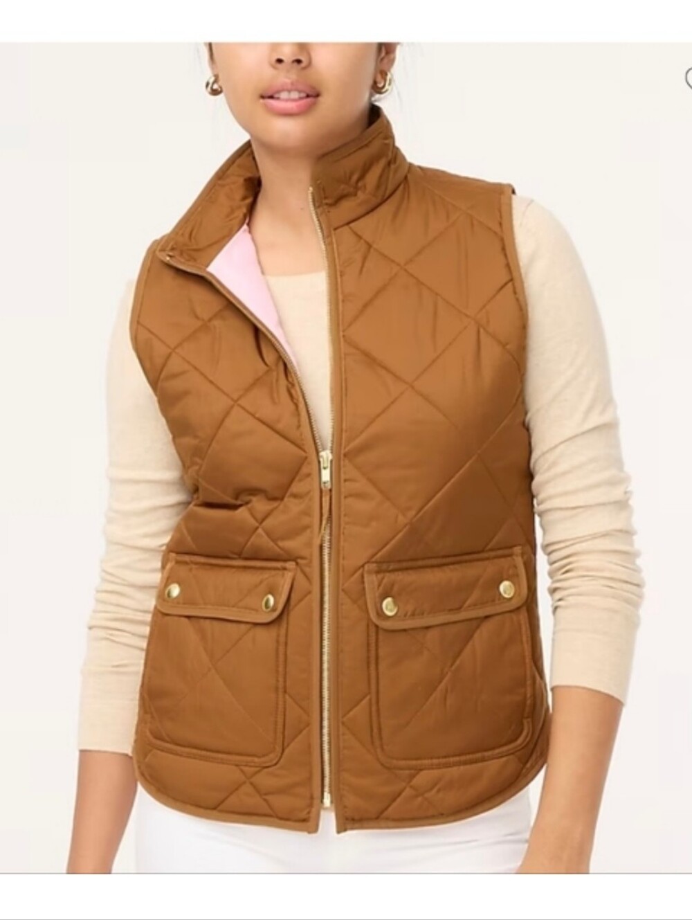 J.Crew Factory Puffer Vest With Snap Pockets Pecan Brown Quilted Zip Pink Lined